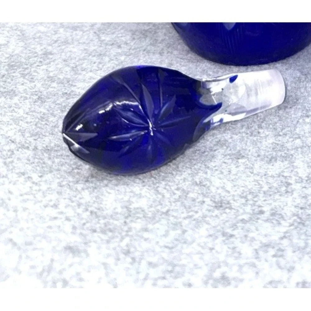 Vintage Bohemian Cobalt Blue Cut Glass Decanter w Stopper & Matching Cordial Gla